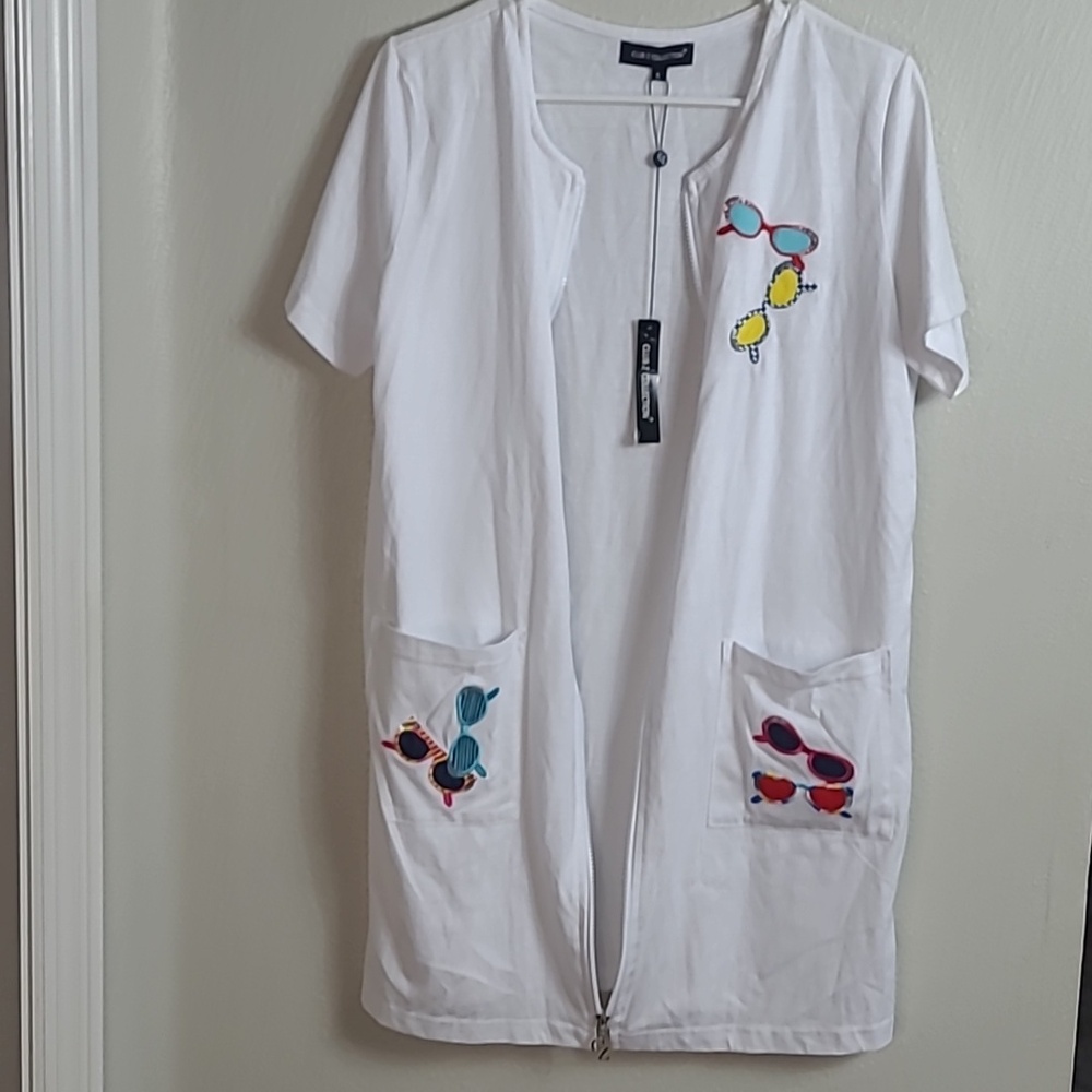 Club Z Collection White Zip Front Tunic with Sunglass Embroidery Beach Wear Smal - Picture 7 of 10